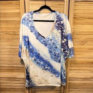 Temu Blue White Cream Women's V-Neck Blouse Top Size 5X